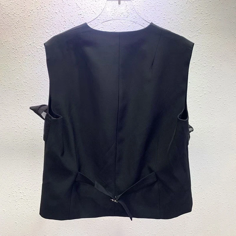 

ECRURANI Black Patchwork Casual Bowknot Coat For Women V Neck Sleeveless Solid Coats Females Fashion Summer Clothing 2021 Style