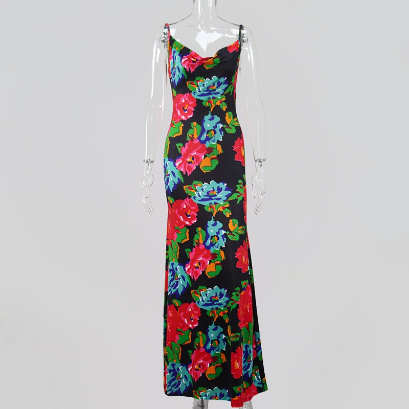 NewAsia Black Floral Maxi Dress for Women - Cowl Neck, Spaghetti Strap, Backless Print. Ideal for Beach, Party, Night Out. Sexy Long Dress for Women. image 4