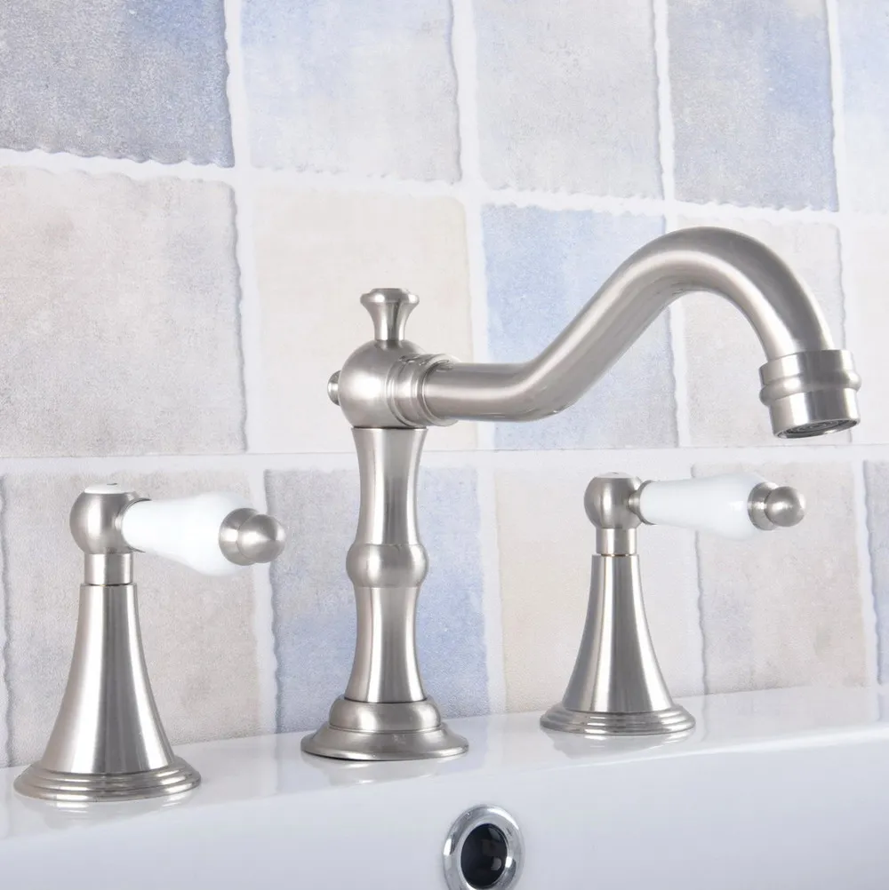 

Brushed Nickel Bathroom Sink Faucet Widespread 3pcs Ceramics Handles Basin 3 Holes Mixer Tap Nnf686