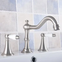 brushed nickel bathroom sink faucet widespread 3pcs ceramics handles basin 3 holes mixer tap nnf686