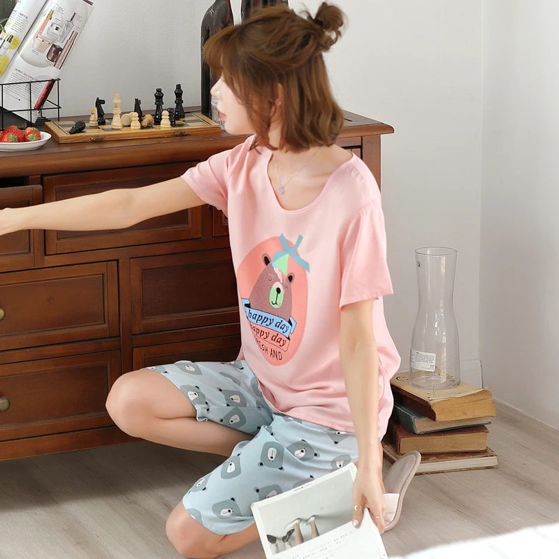 Попсовое пижамы для женщин летний комплект с коротким рукавом Короткие штаны из