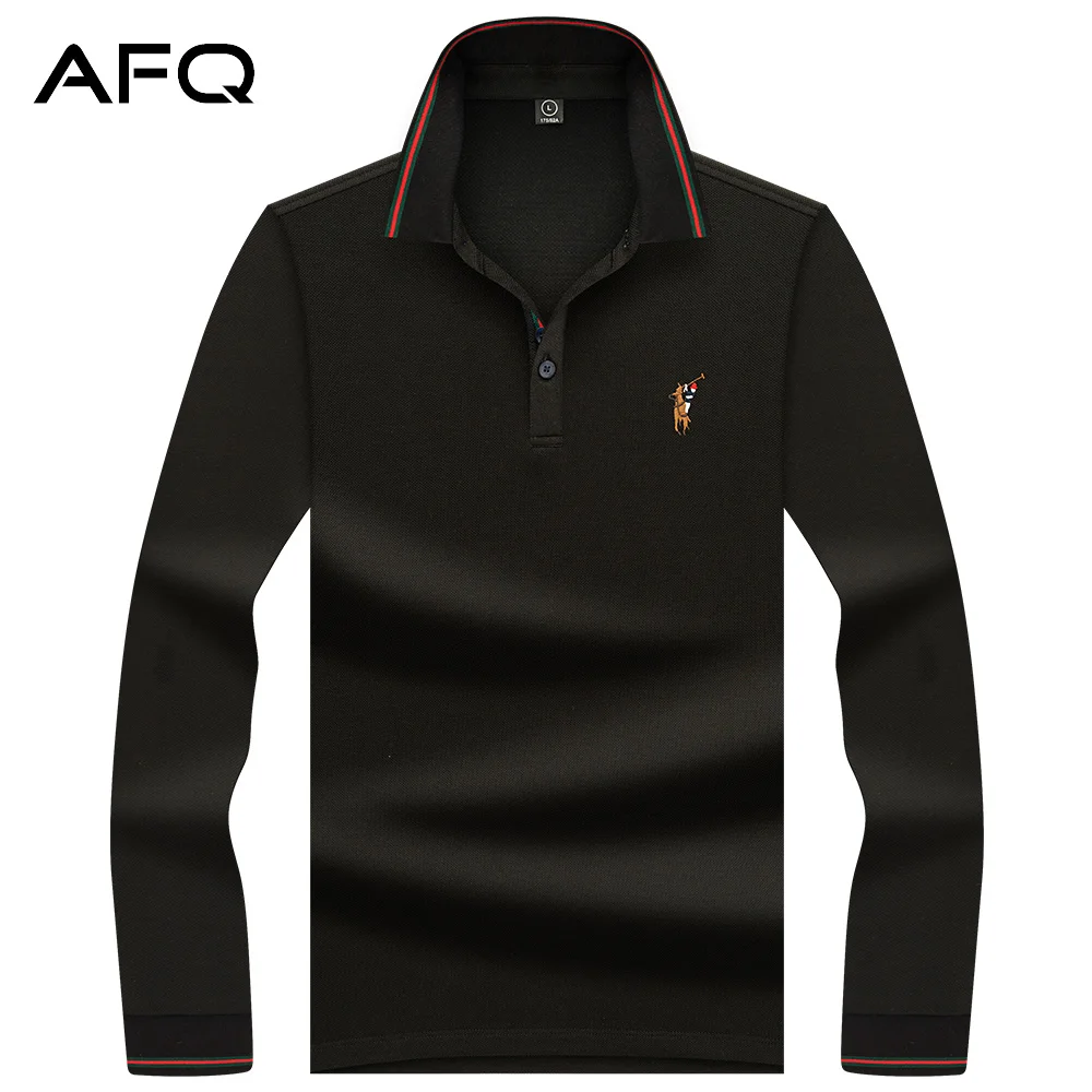 

AFQ Solid Colour Men's Tide Long-sleeved Thin Section of Youth Business Paul Shirt Casual Lapel T-shirt 2021 Fall POLO Shirt