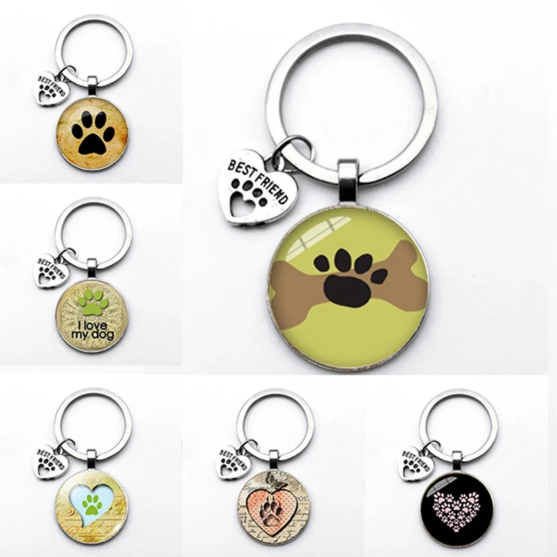 

Fashionable And Cute Animal Paw Print Keychain Cat And Dog Glass Pendant Mini Heart Key Ring Car Key Men And Girls Favorite Gift