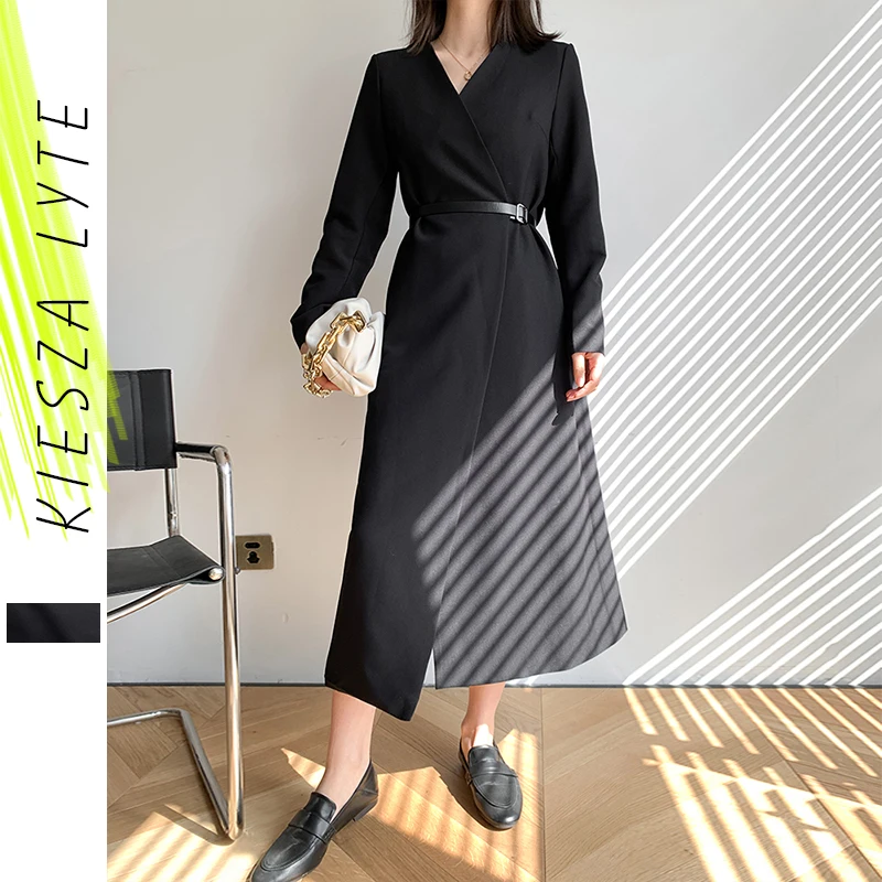 

Women's Dress Suit Dress Spring Autumn Fashion Long Sleeve High Waist With Belt Black Dresses Female