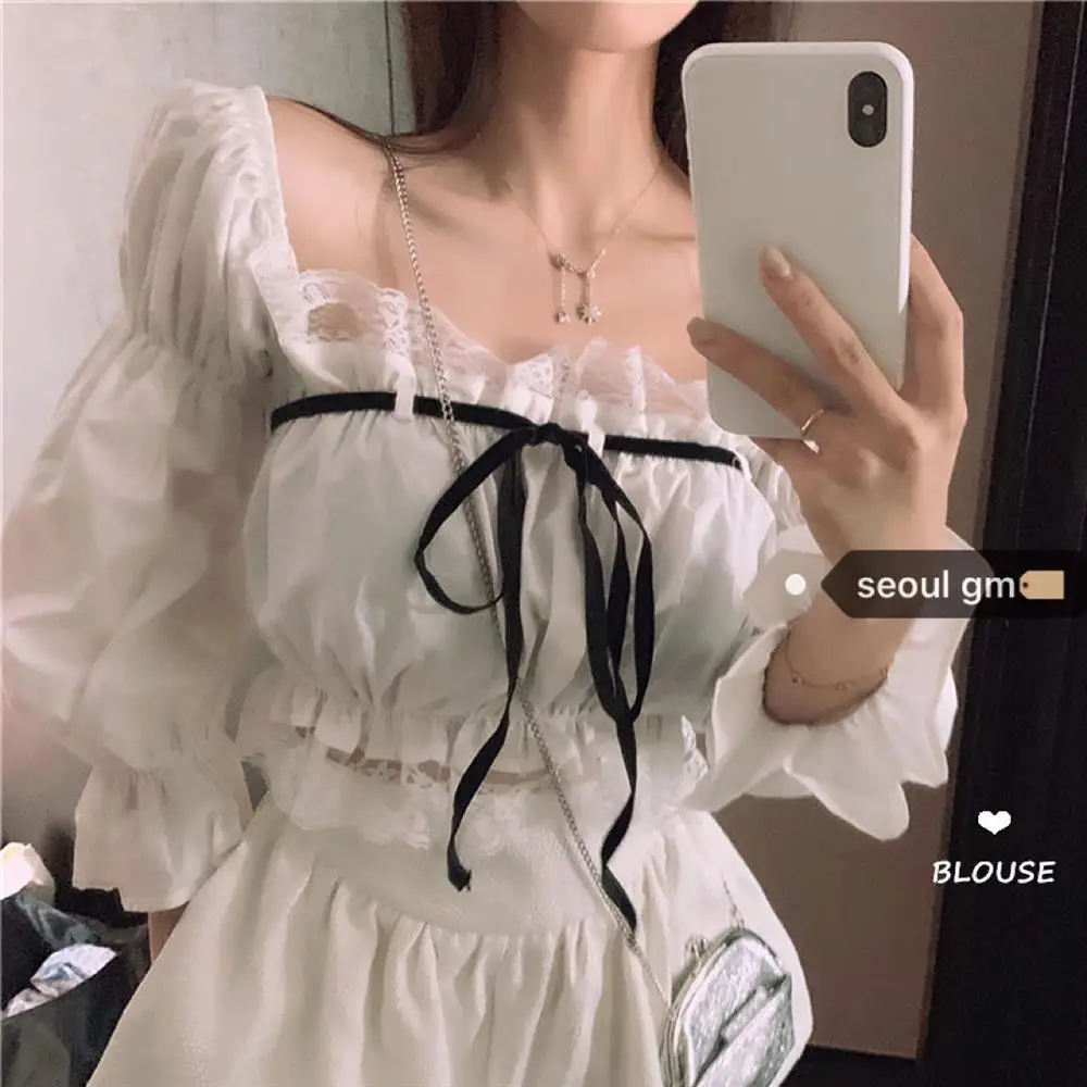 

Sweet Girl Spring/Summer Korean Gentle Fairy Preppy Style Chiffon Blouse Retro Elegant Woman Bow Tie Sexy Lace Puff Sleeve Tops