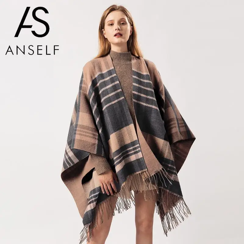 Женский кардиган-пончо ANSELF свитер клетчатые кашемировые накидки с принтом шаль