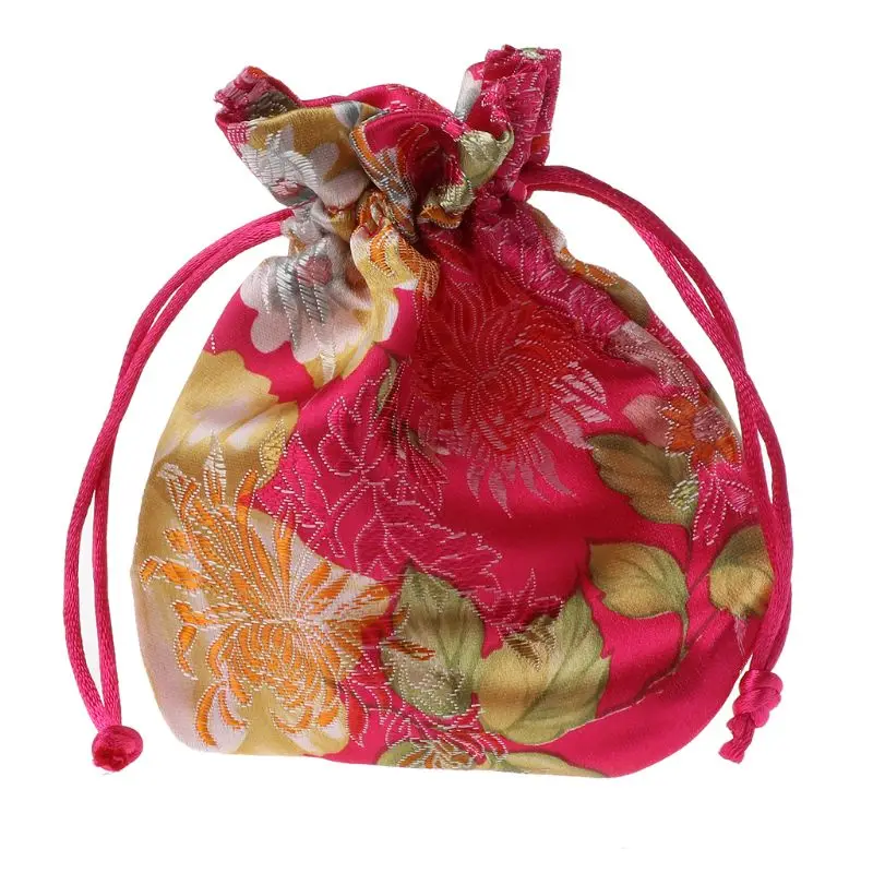 

Classic Chinese Flower Embroidery Jewelry Bag Organizer Silk Traditional Pouch
