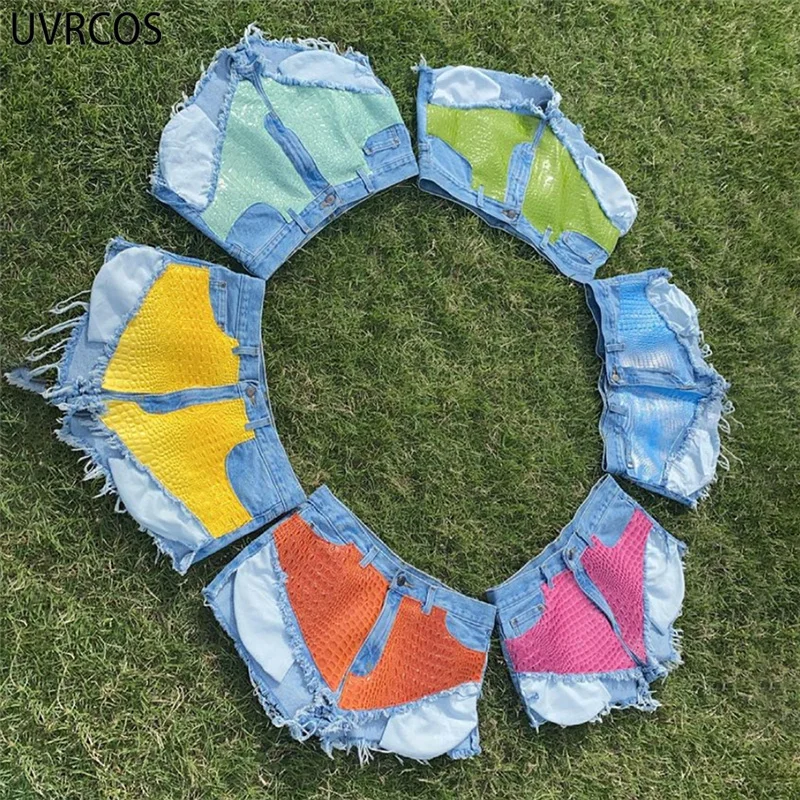 

UVRCOS PU Patchwork Jeans Women Medium Waist Denim Shorts 2021 Street Style Cyber Y2K Summer Biker Workout Shorts Female Bottoms