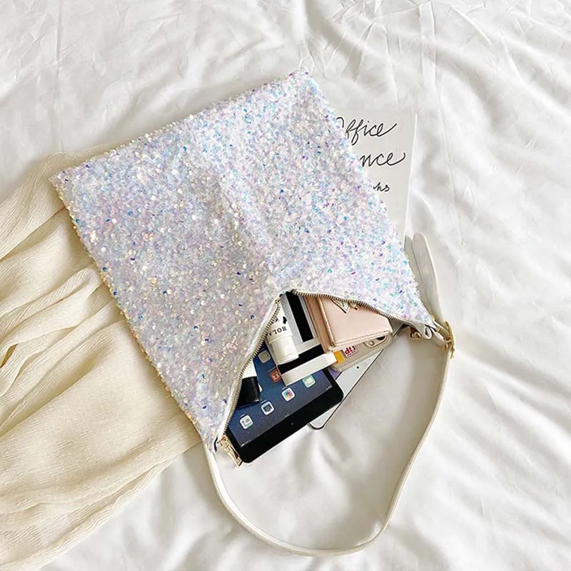 

2021 Trendy Shiny Sequin Women Shoulder Bags Adjustable Single Strap Zipper High Capacity Handbags PU Soft Solid Messenger Bags