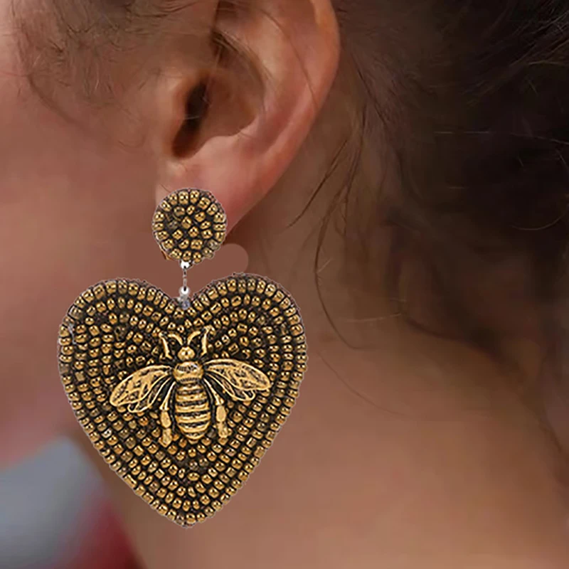 ZHINI New Enthic Long Earrings for Women Vintage Gold Color Bee Earring Boho Handmade Bead Heart Drop Earring Fashion Jewerly