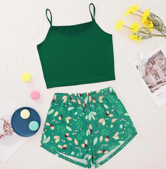 

2020 Summer Women's Sling Short Home Wear Set Printed Sling Shorts Pajama Set