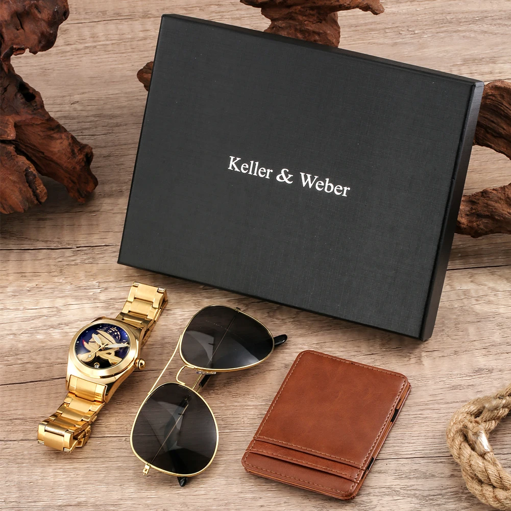 

Мужские кварцевые наручные часы с бумажником и солнцезащитными очками, подарочный набор, мужские часы, модные мужские часы из нержавеющей с...