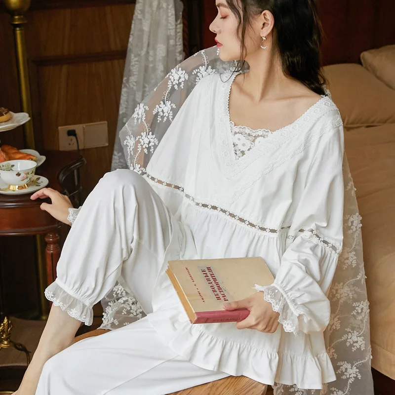 

Roseheart Spring New White Women Cotton Sleep Nightwear Pajama Sets Sleepwear Luxury Nightgown 2 Pieces Homewear V Neck