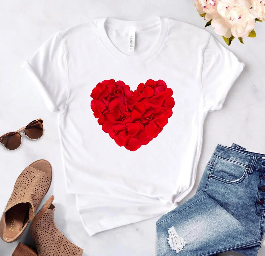 

Women's T-shirt Heart Flower Print Women's Casual Summer T-shirt Basic O-neck White Short Sleeve Women's T-shirt Love Graphics