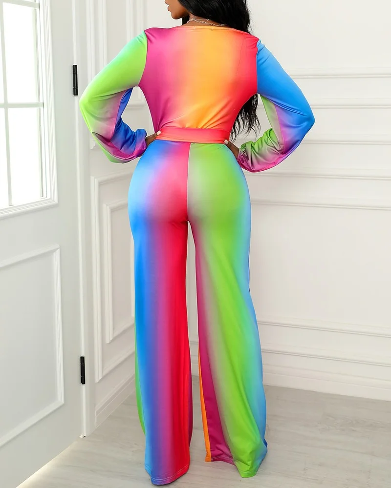 

Ombre Colorblock Tied Detail Jumpsuit Women Deep V Neck Rompers
