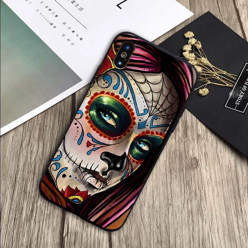 Сахарный череп день мертвой девушки татуировки чехол мягкий силиконовый черный