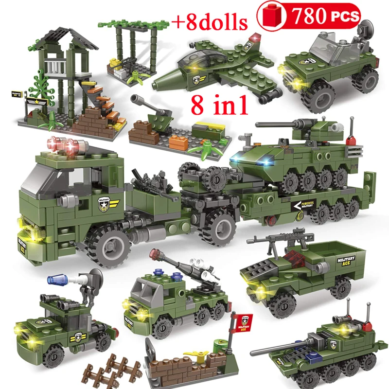 

780Pcs 8IN1 SWAT Military City Police Tanks Arms Gun Model Building Blocks Car Creative Friends Bricks Toys For Children Boys