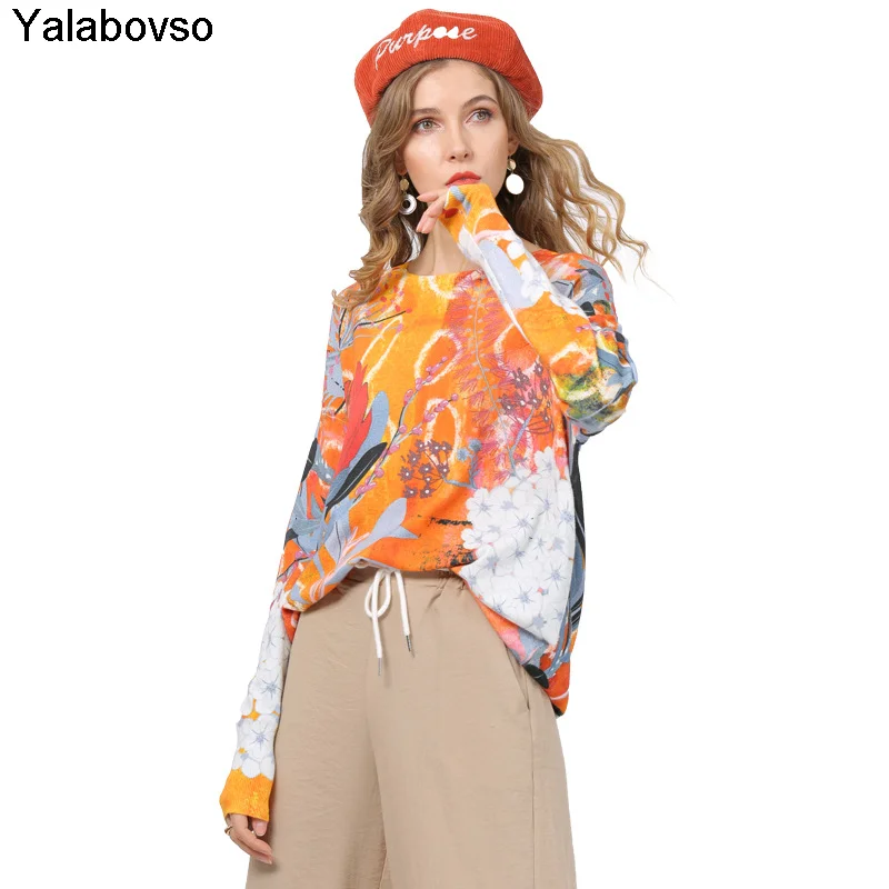 

Casual Printed T-shirt Autumn And Winter Knitted Pulloves 2021 New Fashion Women's Loose Bottomed Sweater Batwing Sleeves Tees