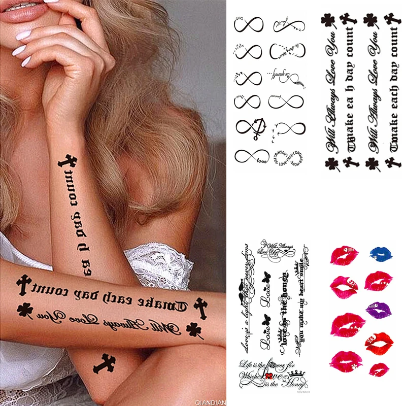 

Watercolor Arm Letter Temporary Tattoos Sleeve English Word Lip Print Feather Decorate Realistic Fake Body Women Totem Sticker