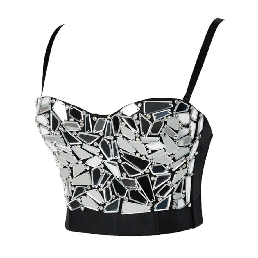 Sexy Rave Outfit Corset Top Women Silver Golden Sequin Corset with Rhinestones Glitter Crop Top Strass for Beach Club Party