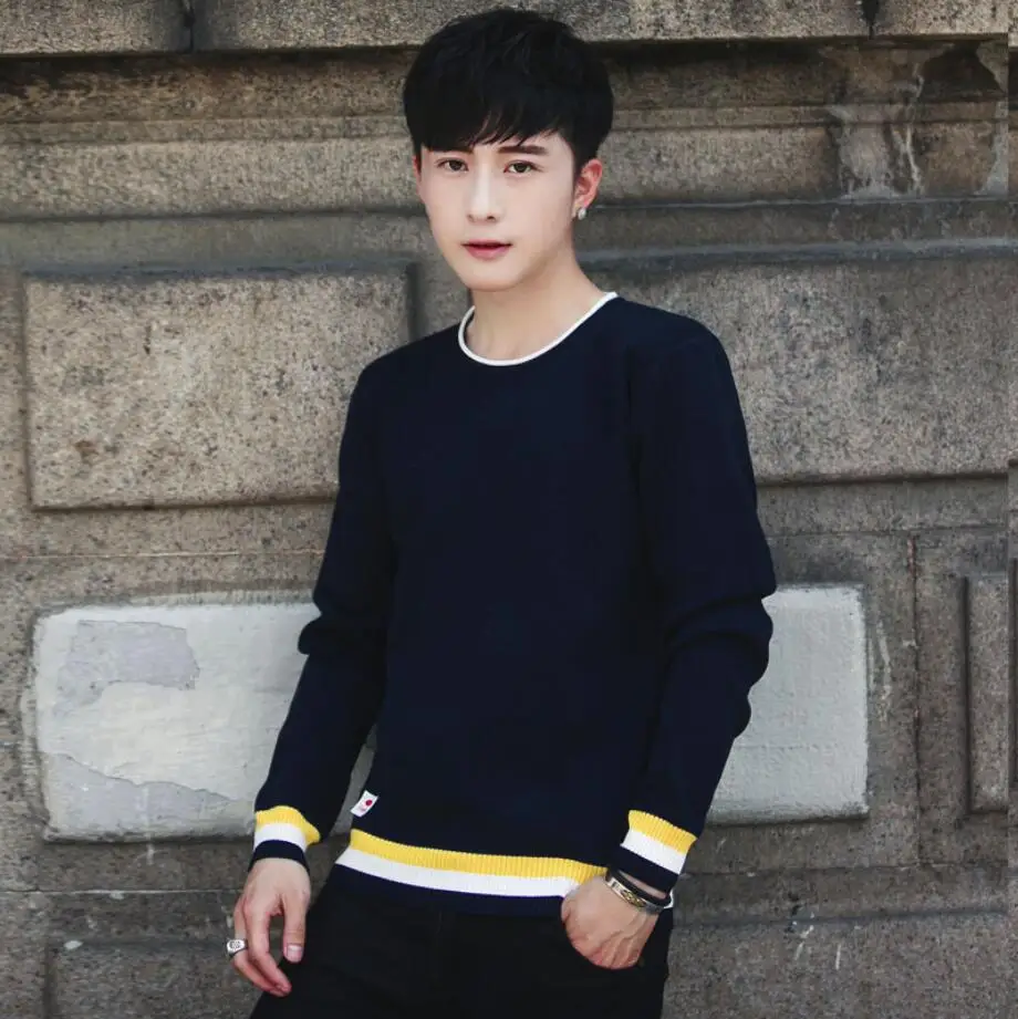 

New Men's Sweater New Korean Edition Plush Long Sleeve Knitted Shirt Youth Hundred-Set Sweater Round-collar Top J699