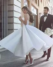 Новинка, атласные Короткие свадебные платья длиной ниже колена, 2021, недорогие кружевные свадебные платья на бретелях-спагетти с открытой спиной и аппликацией, платья для невесты