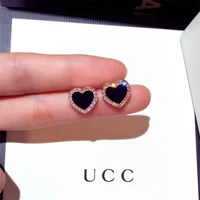top fashion delicate black acrylic cz zircon crystal heart earrings rose gold color anti allergy stud earrings women jewelry