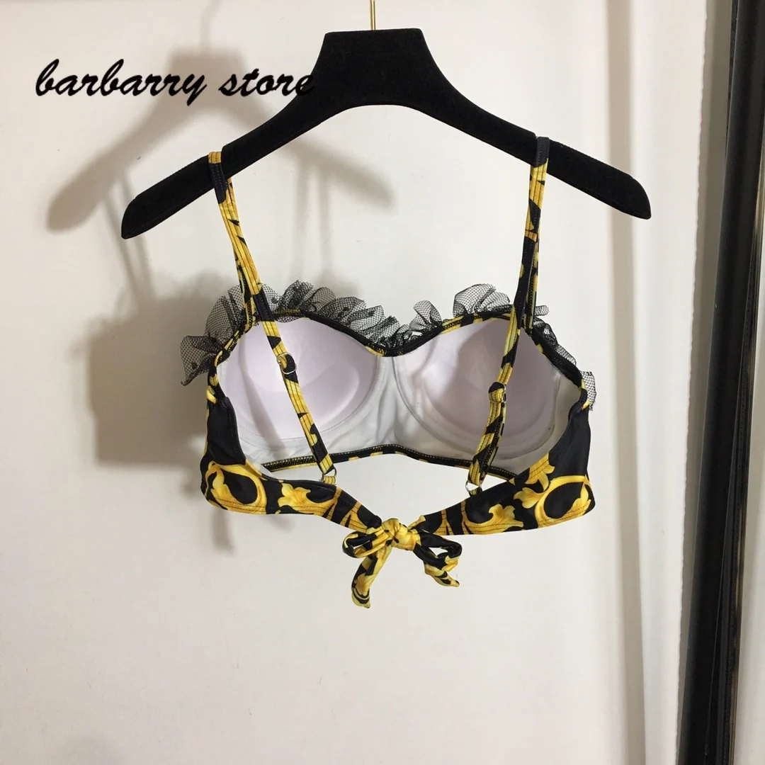 luxury design retro printing fashion women's bikini suit sexy lace side suspender underwear + high waist briefs split swimsuit