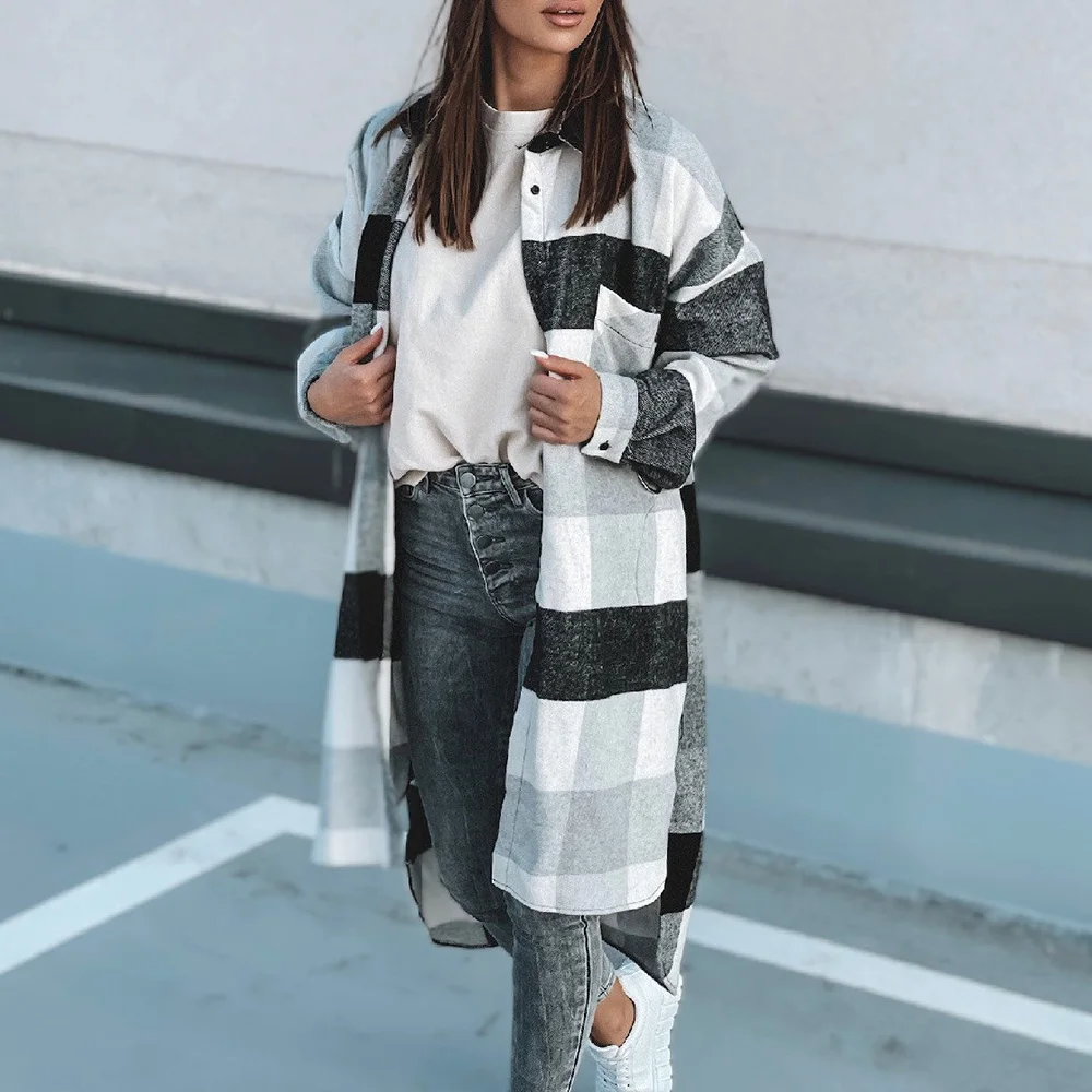 

New Women Fashion Lattice Patchwork Jacket Mid-length Long Sleeve Lapel Cardigan Single-breasted Loose Autumn Women Jacket