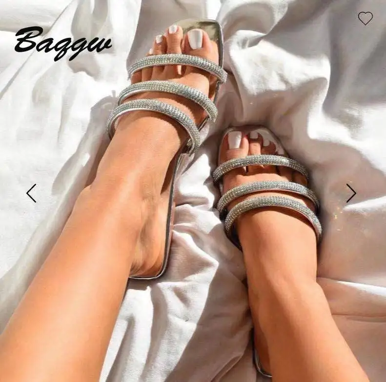 

Женские шлепанцы с кристаллами, открытый носок, квадратный носок, плоская подошва, повседневные уличные тапочки, большие размеры 36-43, лето