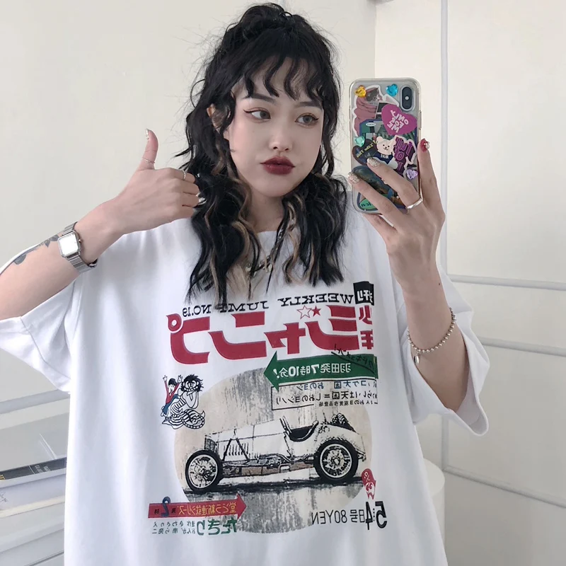 

New Car Print Women T-shirt Japanese Harajuku Aesthetic Casual Tshirt Half Sleeve Plus Size Korea Top White Tops Female T Shirt