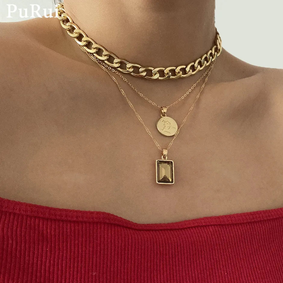 Женское многослойное колье чокер PuRui ожерелье в стиле панк с кубинскими звеньями