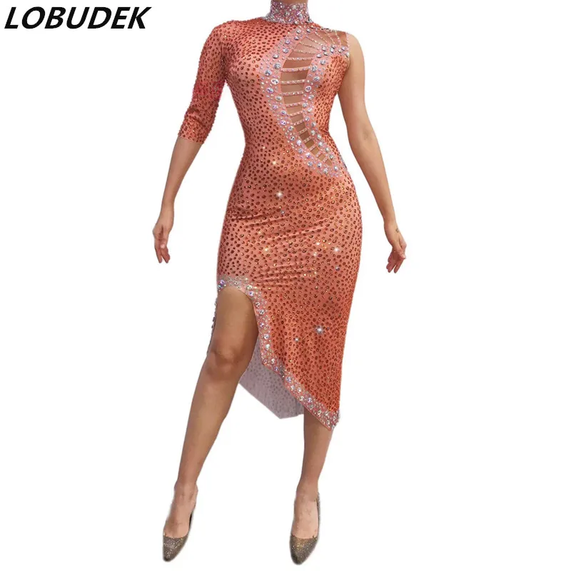 

Women Single Sleeve Irregular Rhinestones Dress Spandex Stretch Birthday Prom Evening Party Crystals Outfit Singer Host Costume