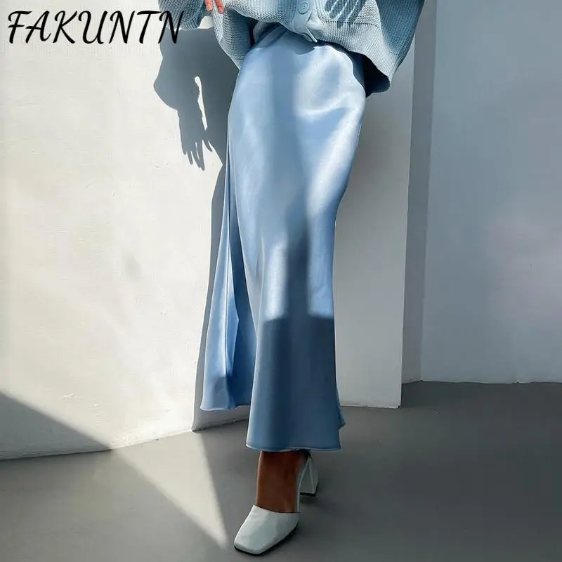 

High-waisted Satin Long Skirt Women 2021 Spring Summer New Fashion Korean Elegant Simple Solid Color Slim Women's Midi skirt