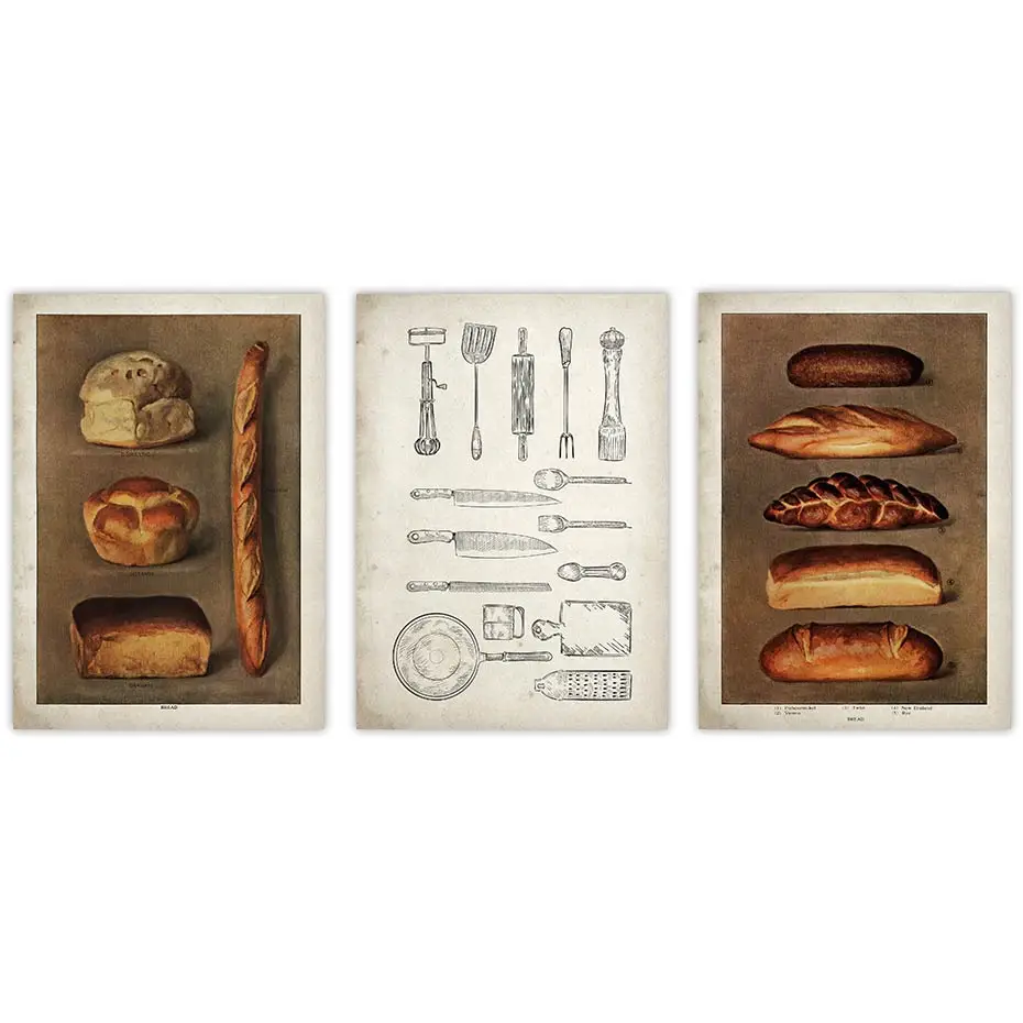

Vintage Poster Kitchen Bakery Grocer Baked Bread Loaves Illustration Bread Food Wall Art French Antique Canvas Painting