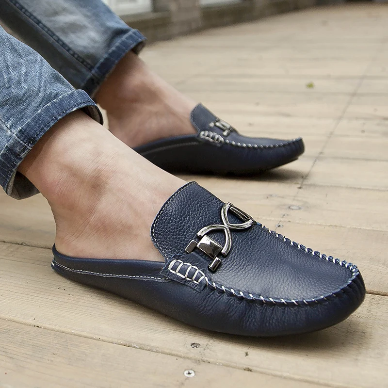 

Summer Men Shoes Casual Loafers Moccasins Slip On Half Slippers Outdoor Genuine Leather Handmade Sewing Driving Shoes