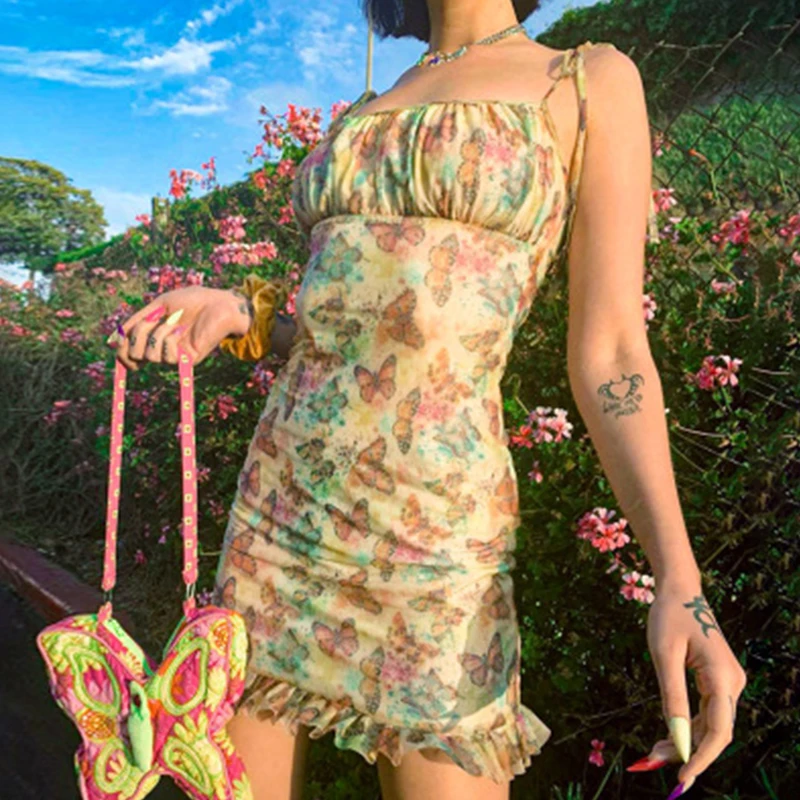 

Tie Up Wrap Dress Summer Ruffles Sundress butterfly Female Party Dress Casual Elegant