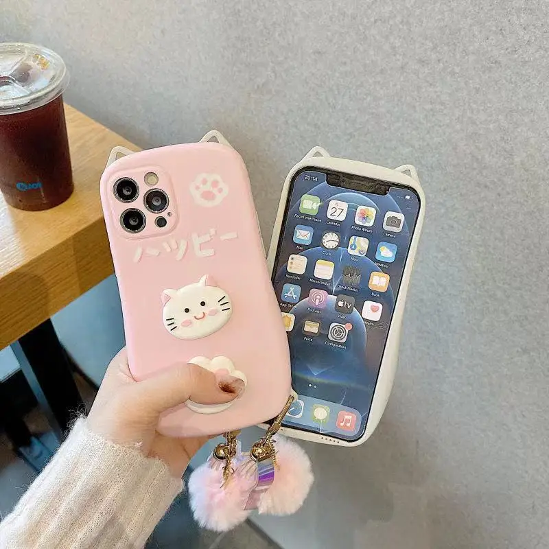 

3D Cute Cat Ears Phone Case for Iphone 12 Mini 11 Pro Max SE 7 8 Plus X XS MAX XR Soft Cover Case with Fur Ball Pendant