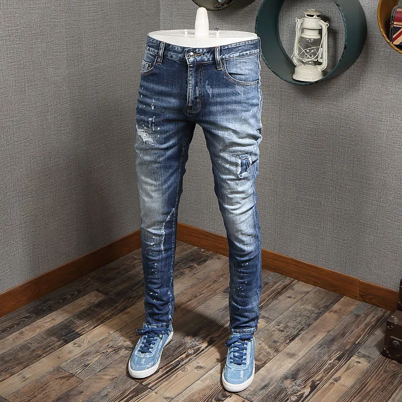 European Street Fashion Men Jeans High Quality Retro Blue Casual Slim Fit Ripped Jeans Men Brand Designer Hip Hop Denim Pants