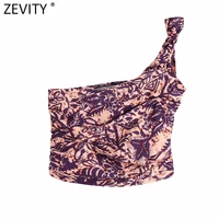 zevity women sexy single shoulder ink floral print elastic pleat short asymmetic blouse female slim shirts chic crop tops ls9495