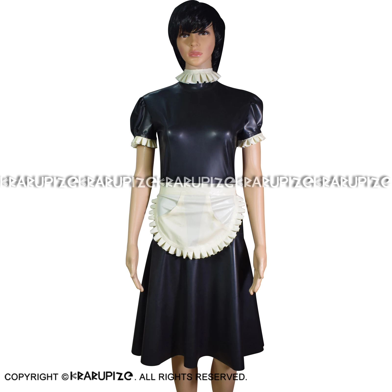 

Sexy French Maid Latex Dress With Pockets On Apron Zipper At Back Rubber Uniform Bodycon Playsuit LYQ-0132