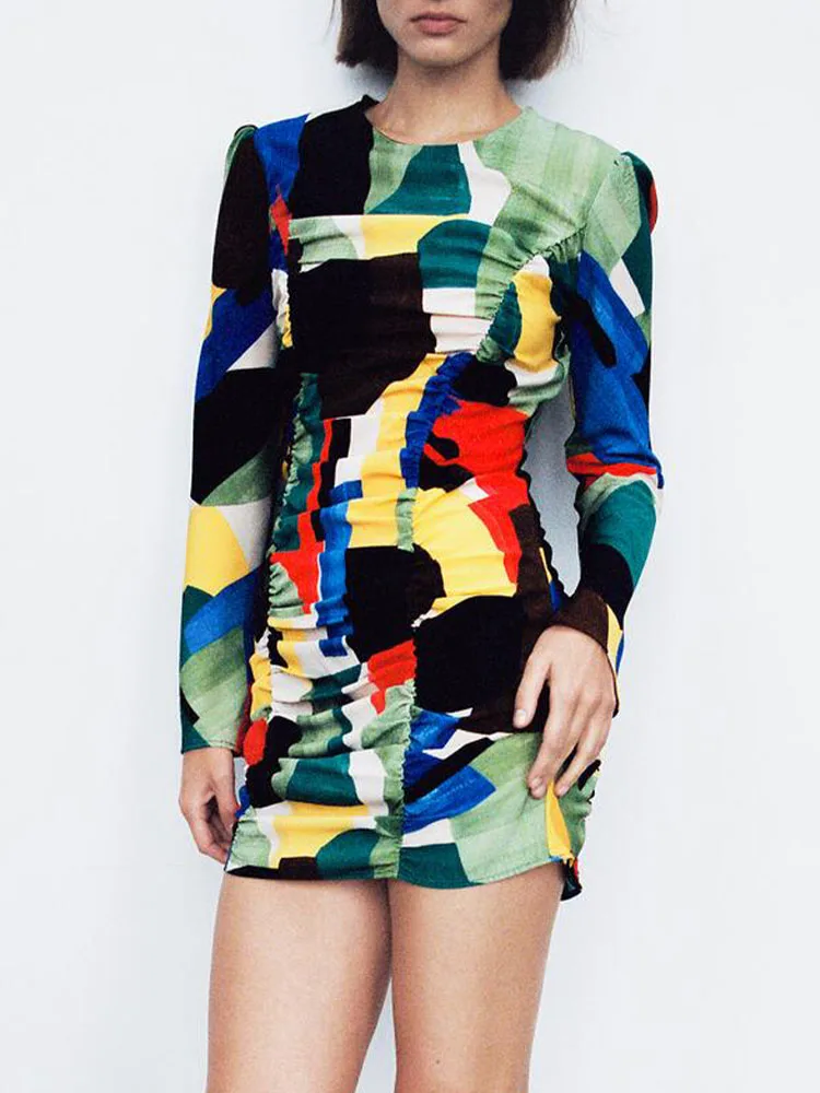 

ZA autumn new female retro temperament sweet round neck long-sleeved sexy bag hip was thin printed pleated dress