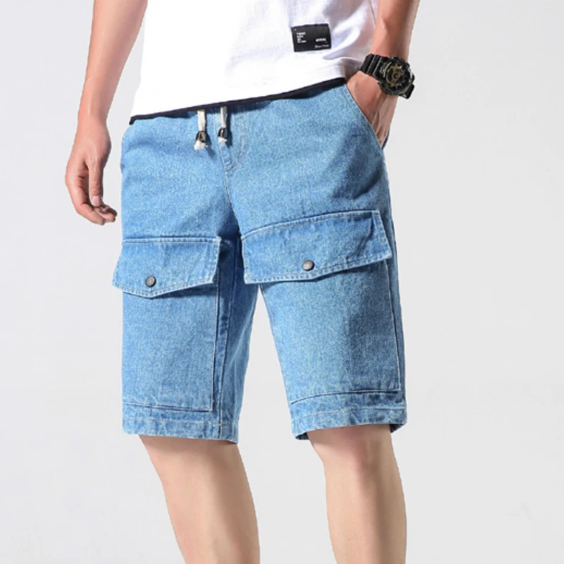 Джинсовые шорты мужские карго бермуды с эластичным поясом прямые бриджи большие