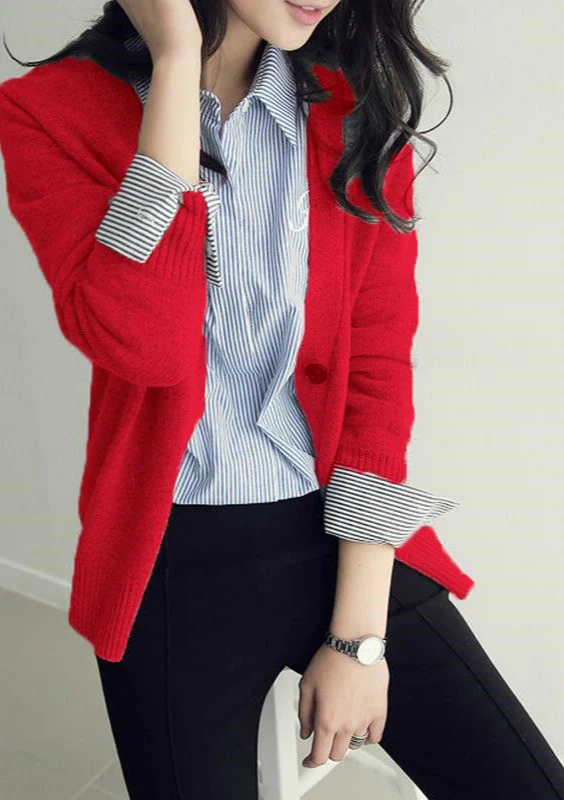 

autumn spring women sweater knitted short cardigan solid color v-neck