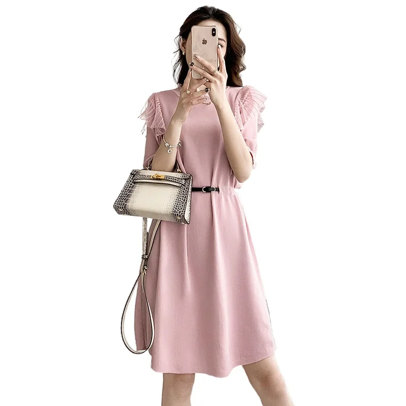 

Ruffles Short Sleeve Women Knitted Dress Spring Summer Robes Solid Elegant High Waist Sweater Casual Dress Female Sashes T8563