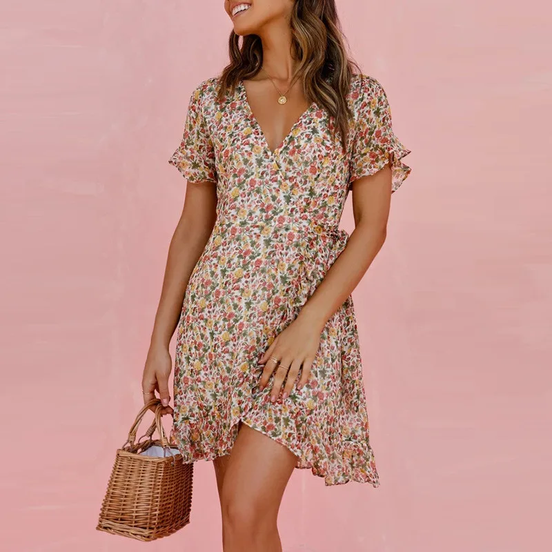 

Fashion Vintage Print Women Mini Dress 2020 Casual Summer Women V-neck Slim Ruffles Dress