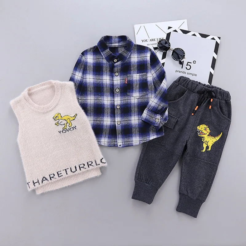 Spring Autumn Clothes Baby Boy Cotton Children Lattice Shirts Vest Pants 3Pcs/sets Infant Outfit Kids Fashion Toddler Tracksuits | Детская
