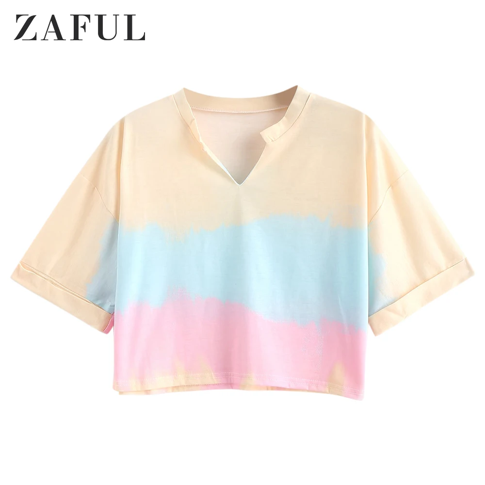 ZAFUL летняя рубашка с радужным галстуком красителем укороченная футболка v