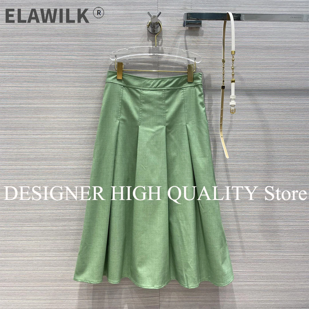 

2021 New Autumn A-line Pleated Long Skirts Women Green Color High Waist With Chain Belt Preppy Style Cotton Linen Sweet Skirt