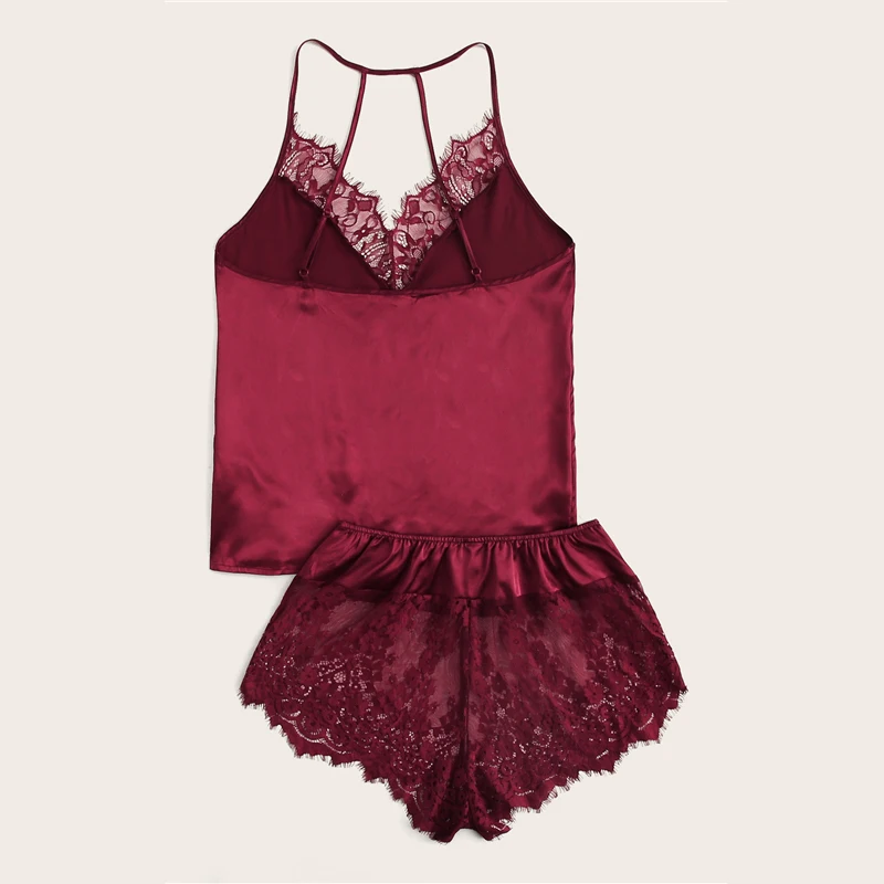 SHEIN Атласный Топ На Бретелях С Кружевом И Шорты Пижама Комплект Женский Розовый Летний Сексуальный Комплект Пижамы
